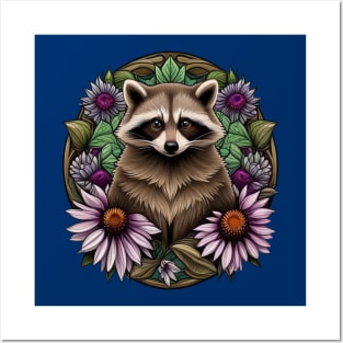 A Raccoon Surrounded By A Wreath Tennessee Purple Coneflower Posters and Art